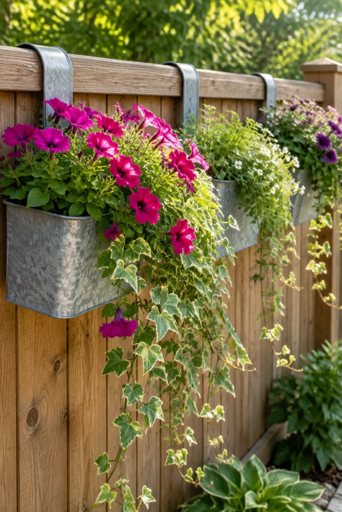 Galvanized metal planters hanging along a wooden fence rail with trailing petunias