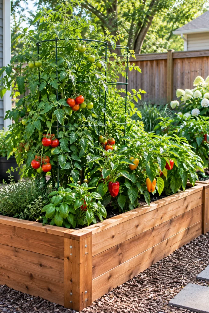 Cedar raised bed planter filled with tomatoes and peppers in a backyard garden