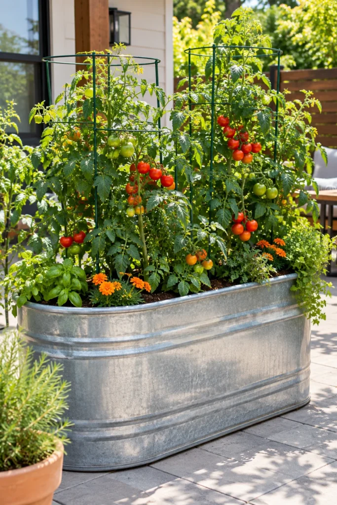 Galvanized steel stock tank planter filled with tomato plants on a patio