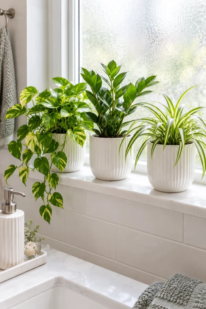 Three small matching pots with pothos, ZZ plant, and spider plant on a bathroom windowsill