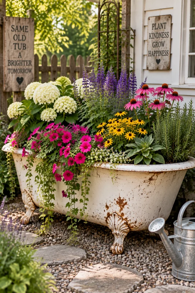 Clawfoot bathtub used as a raised garden bed