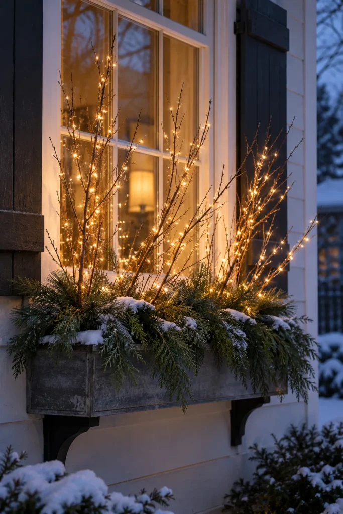 Lighted branches glowing softly in a window box at night