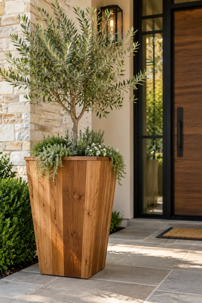 Tall tapered cedar planter with an olive tree beside an entryway
