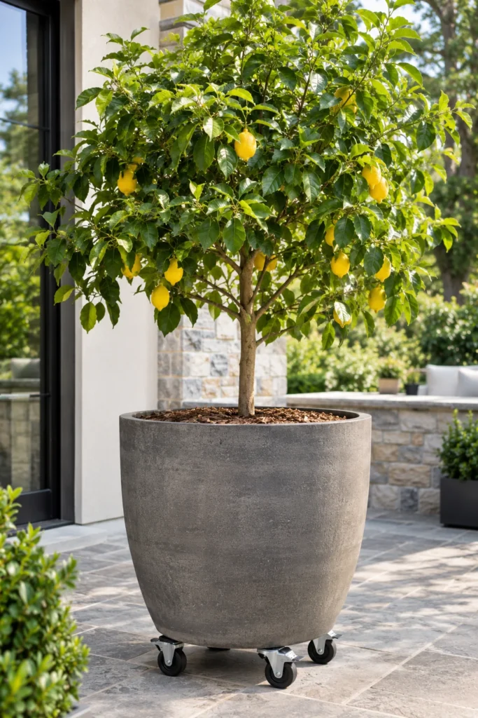 Large tree planter on locking caster wheels holding a potted citrus tree