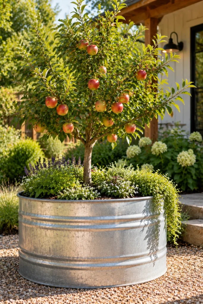Large galvanized stock tank planted with a dwarf apple tree