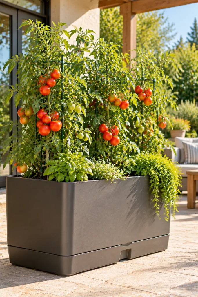 Large self watering planter growing tomatoes on a sunny patio