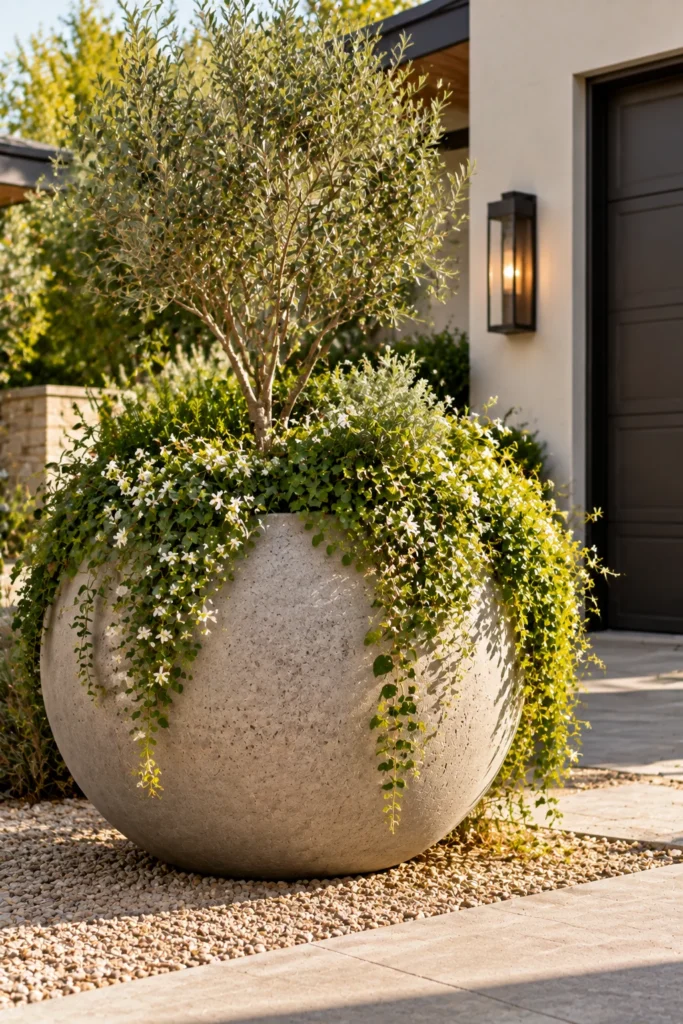 Giant round concrete sphere planter with trailing vine at a driveway entrance