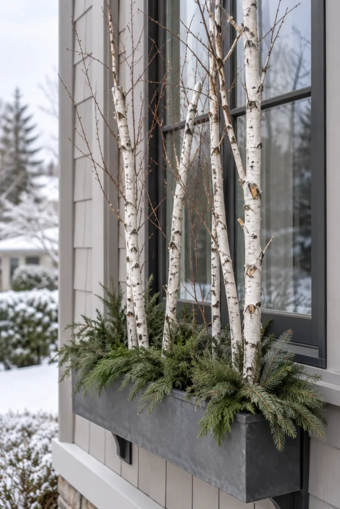 Tall white birch branches adding height to a narrow window box