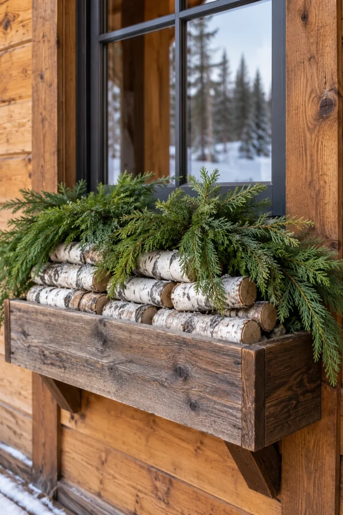 Stacked birch logs forming the base of a rustic window box