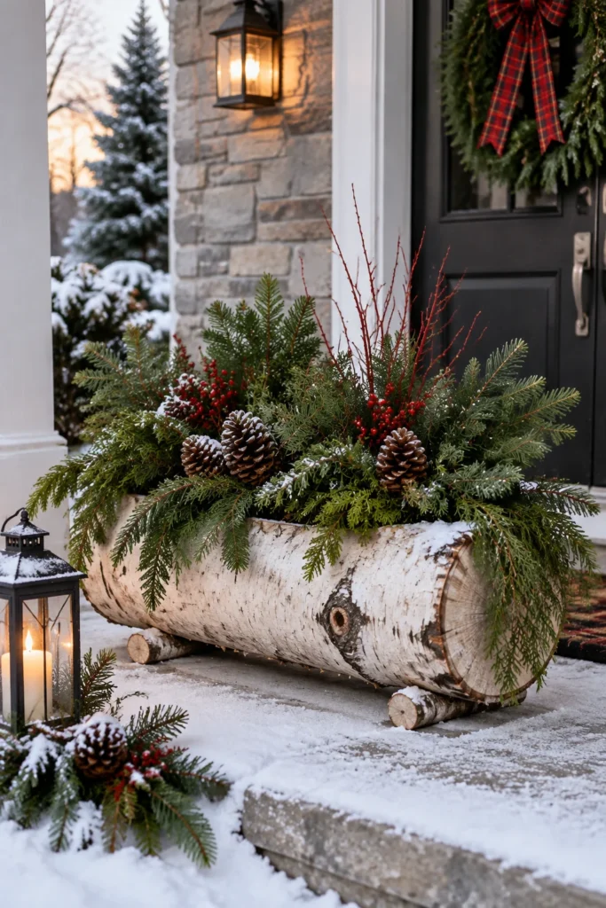 Birch log planter styled with greenery for winter
