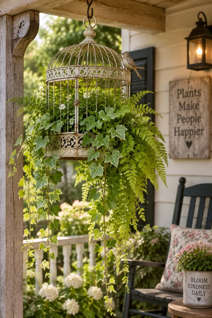 Vintage birdcage hanging planter with trailing ivy and ferns
