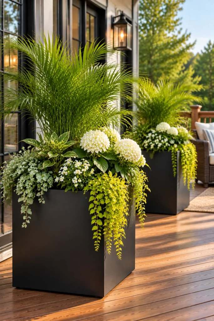 Matte black metal planter against wood decking