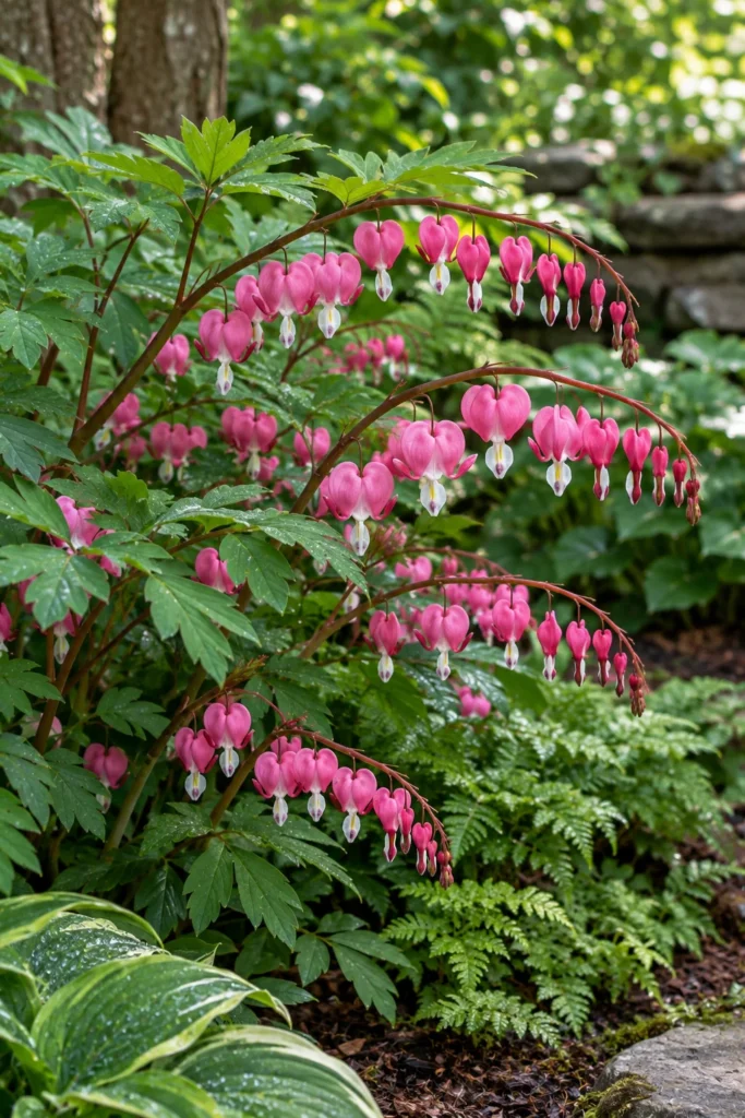 Pink bleeding heart flowers arching over a shade garden bed