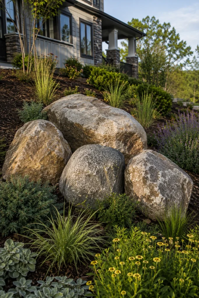 Boulder cluster focal point on a hillside front yard