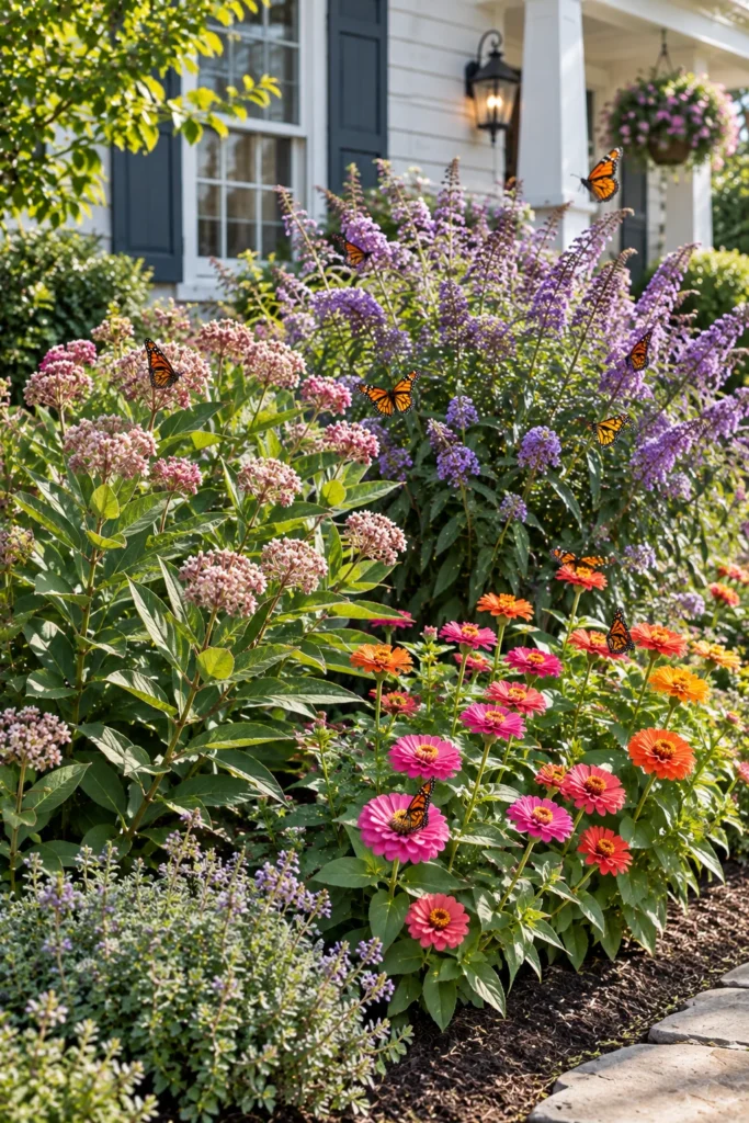 Butterfly-friendly milkweed and zinnia planting in a cottage front yard
