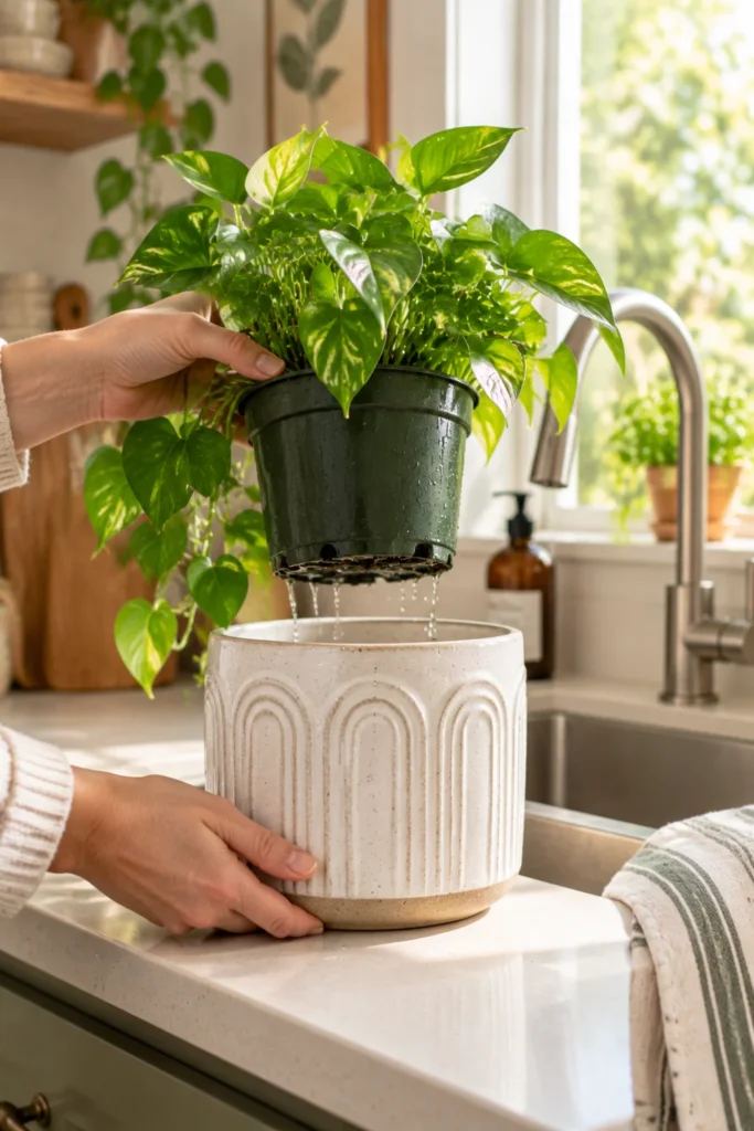 White cache pot with a plastic nursery pot lifted out for watering