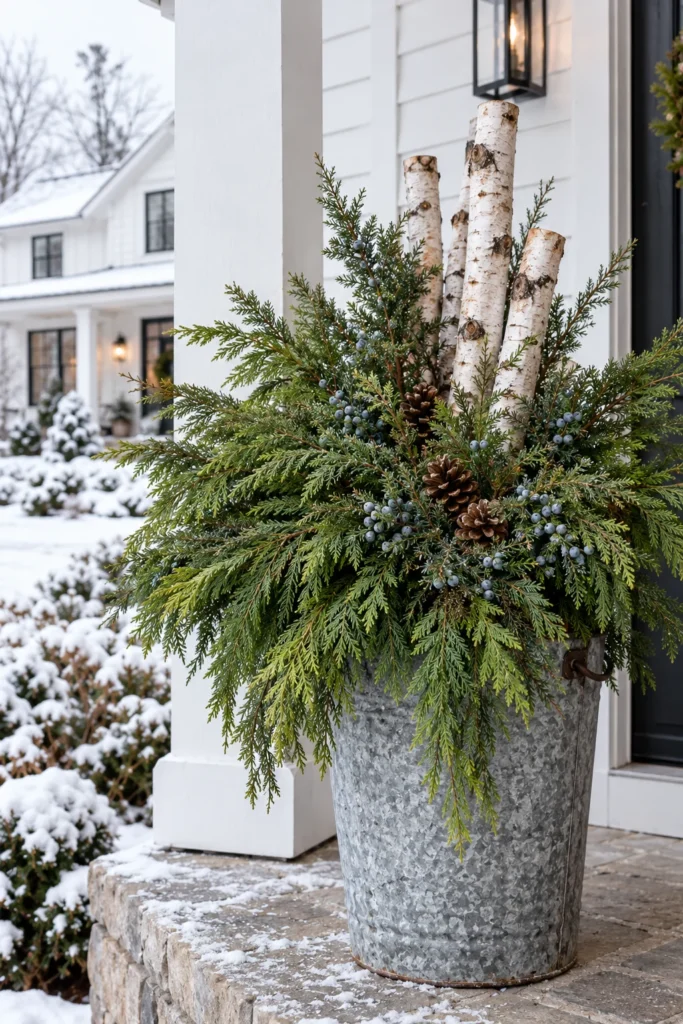 Cedar branches and juniper sprigs with berries in a cold-season container