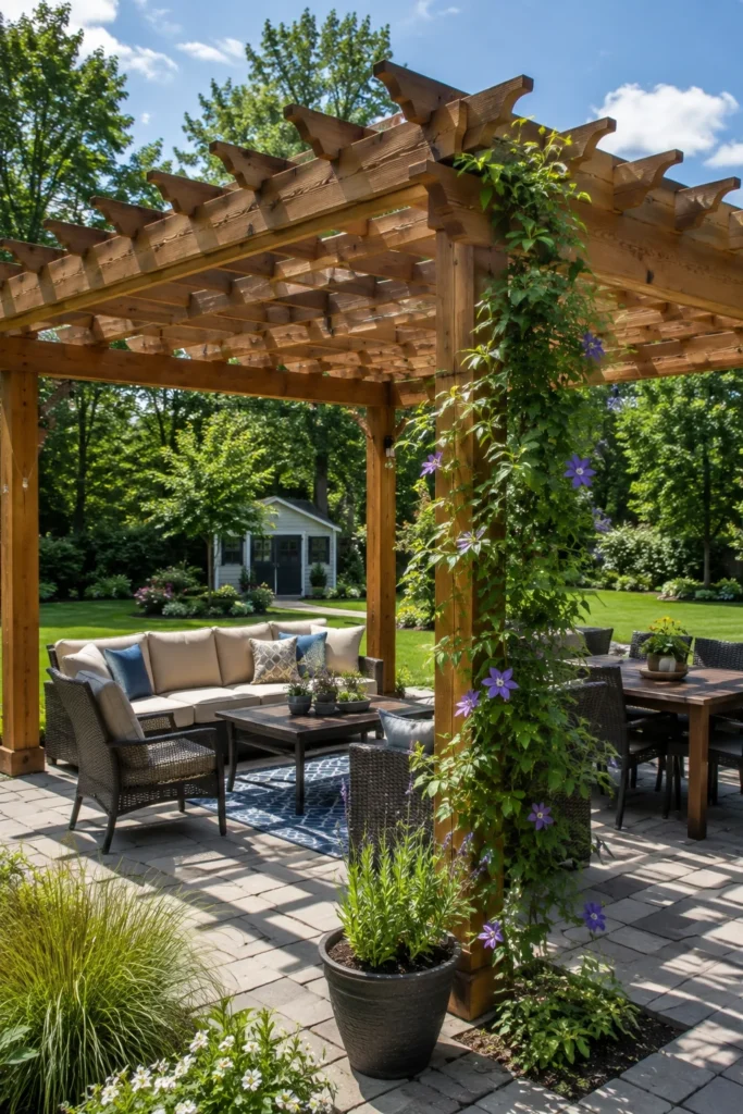 Cedar pergola with climbing vine shading a backyard patio