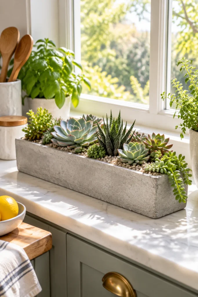 Gray cement trough filled with echeveria and haworthia succulents topped with fine gravel