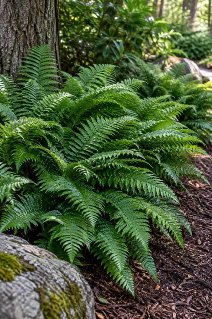 Evergreen Christmas fern growing in a shaded garden bed