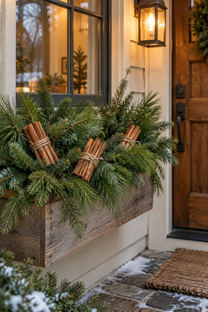 Bundled cinnamon sticks and pine branches in a fragrant window box