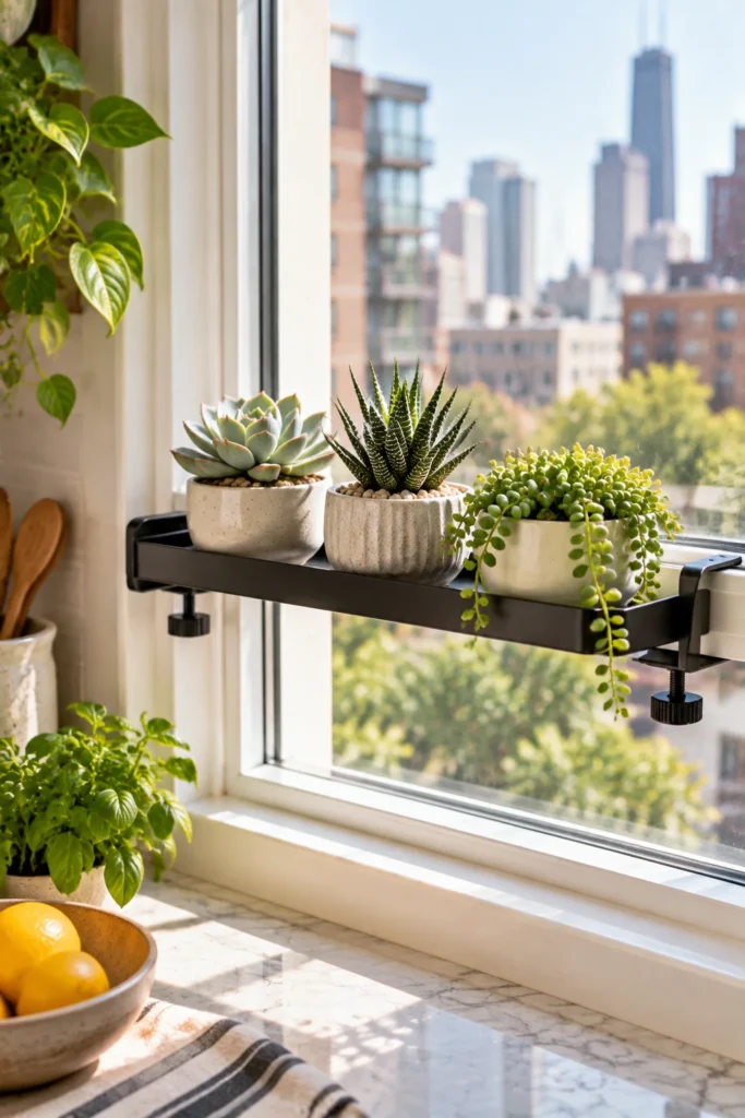 Clamp-on window shelf holding small succulent pots without drilling