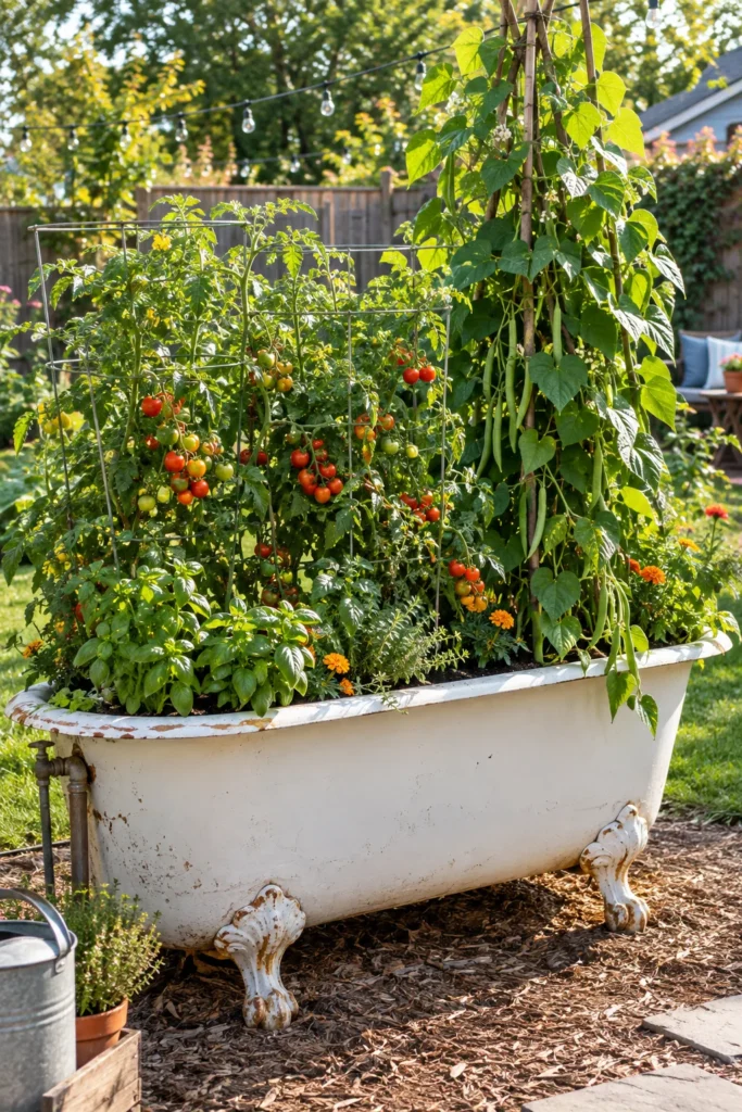 Vintage claw foot bathtub repurposed as a large planter growing tomatoes