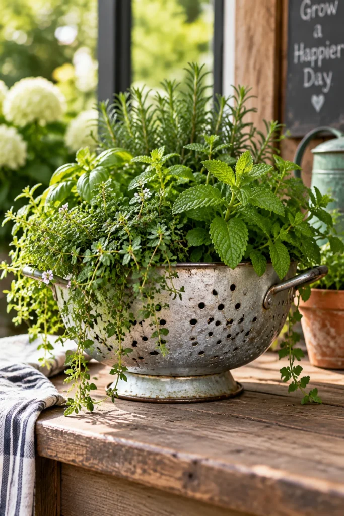 Metal colander used as a planter for trailing herbs Repurposed Planters