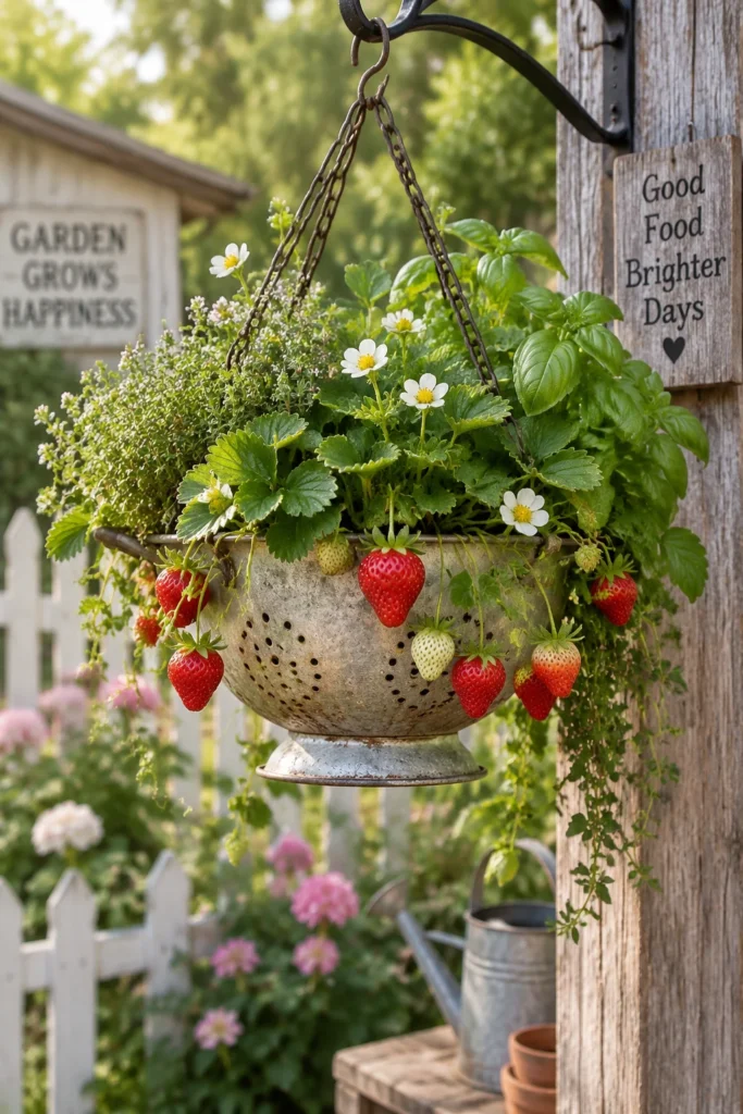 Metal colander repurposed as a hanging planter filled with strawberries and herbs