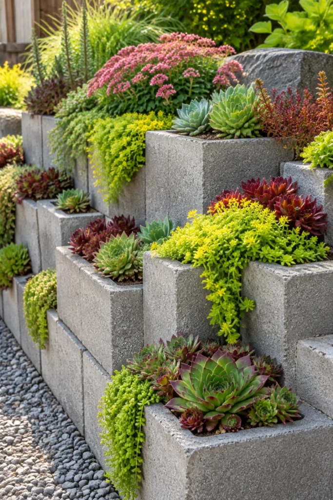 Stacked concrete blocks used as a modern succulent planter border