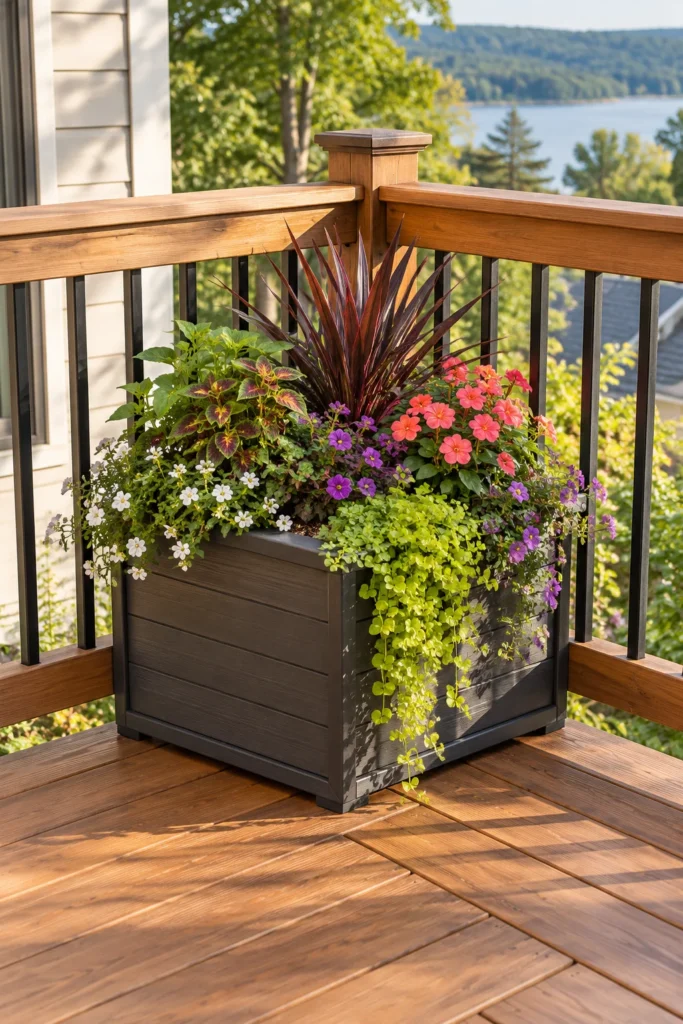 Triangular wedge planter fitted into a deck corner