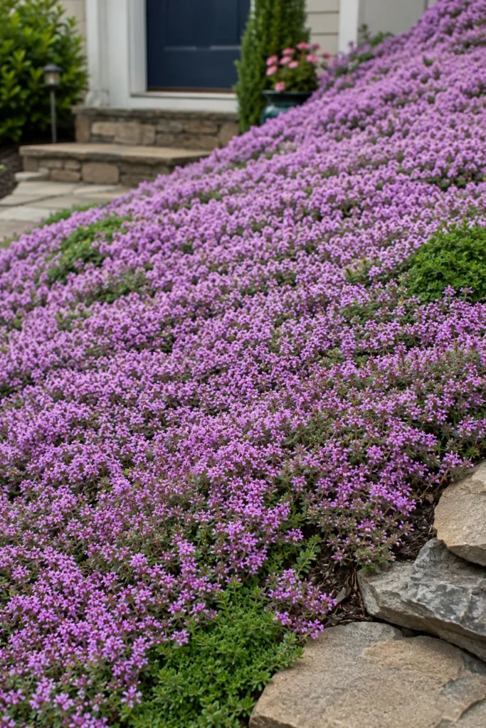 Creeping thyme lawn alternative covering a sunny slope