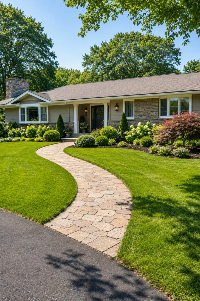 Curved paver walkway crossing a large ranch home front lawn