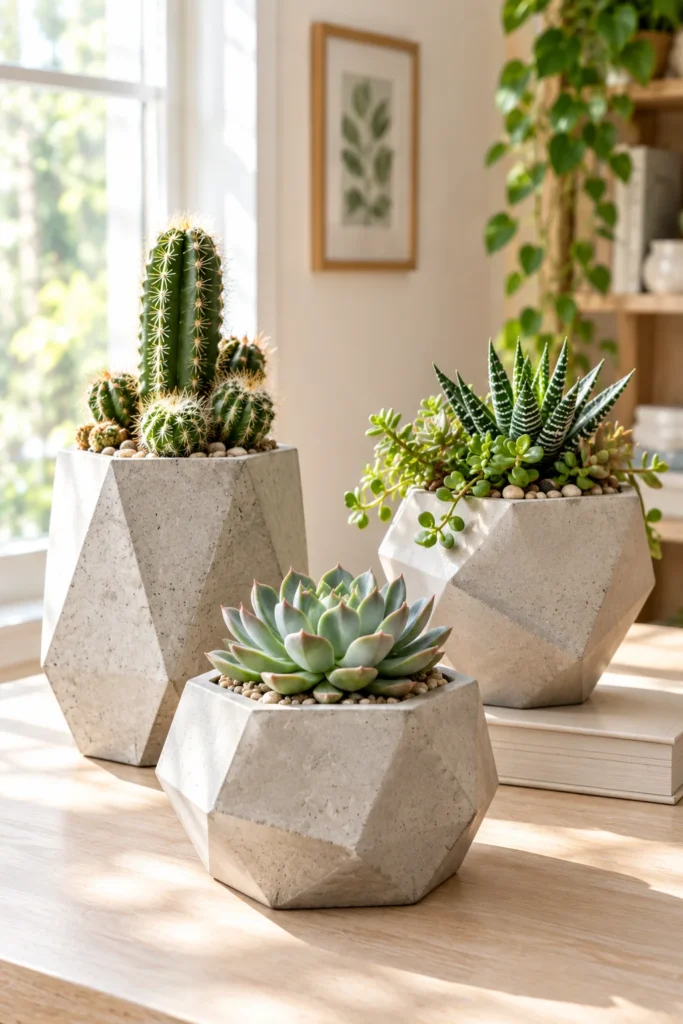 Handmade geometric concrete planters holding cacti and succulents on a table