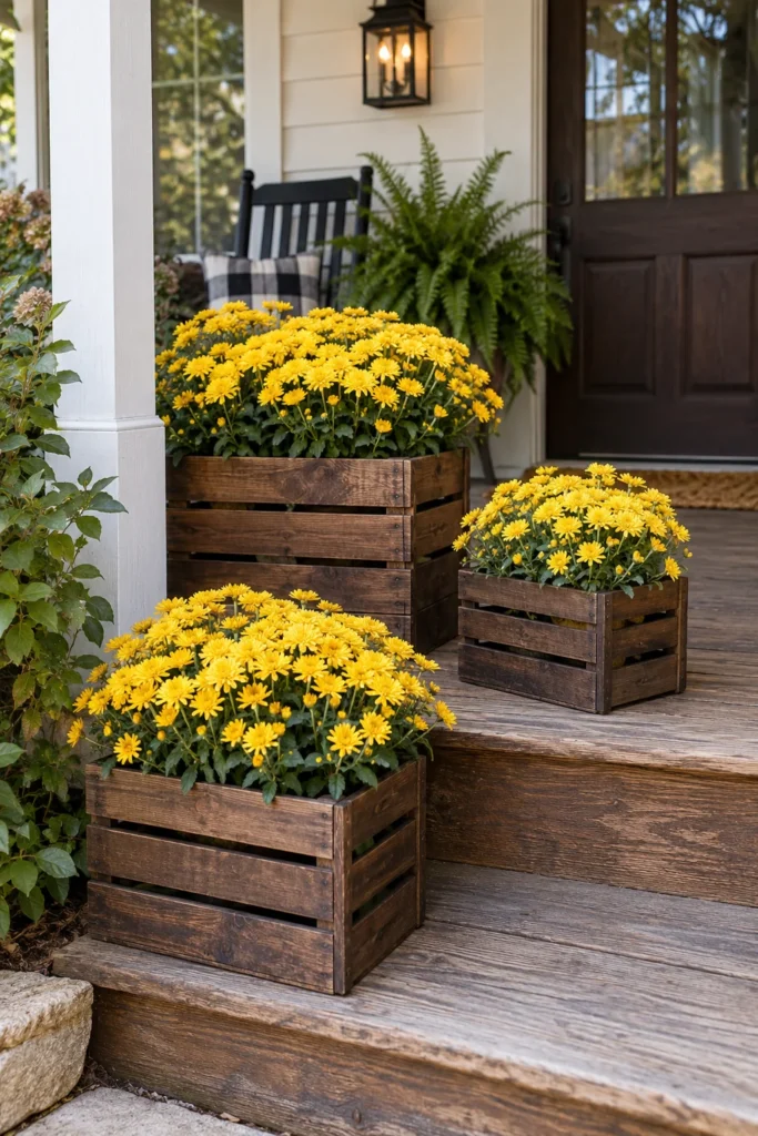 Wooden crates repurposed as planters for fall mums