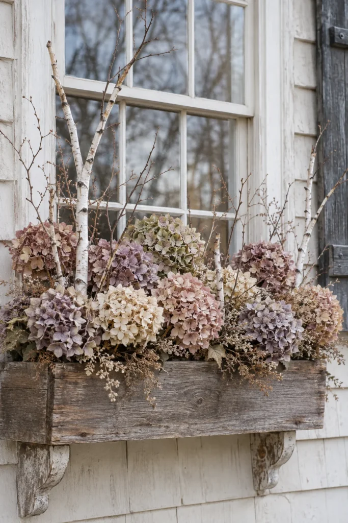 Dried hydrangea blooms arranged in a soft, faded window box display