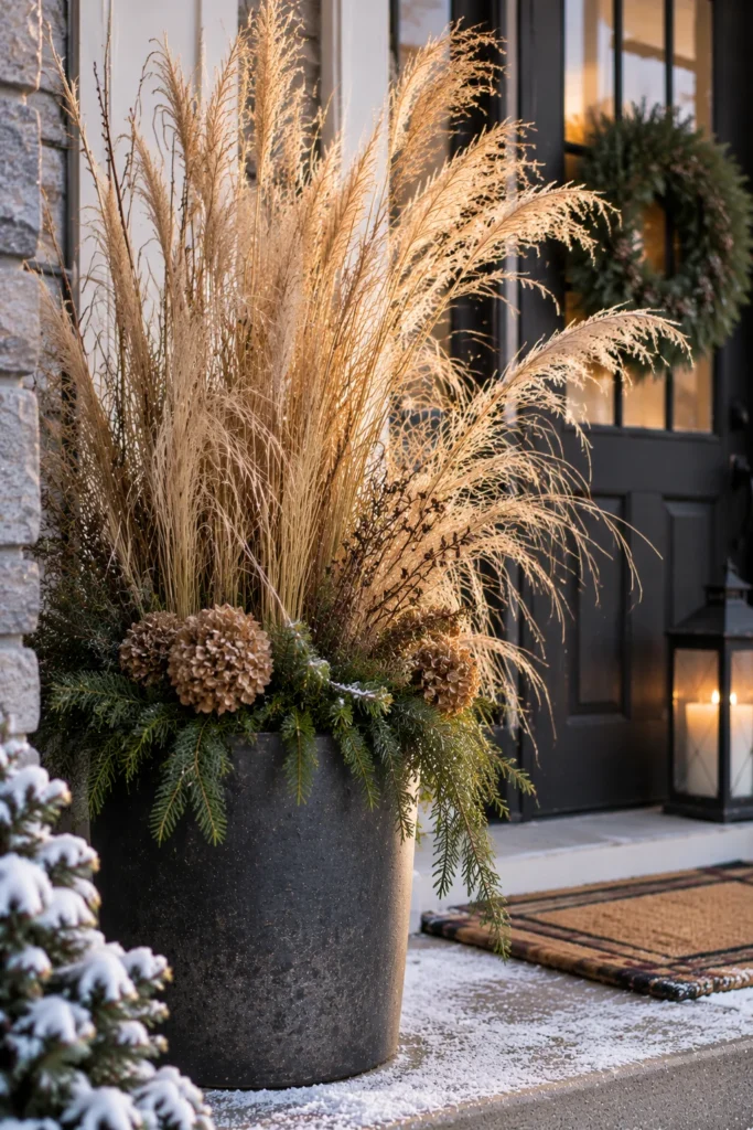 Dried ornamental grasses in a winter porch planter