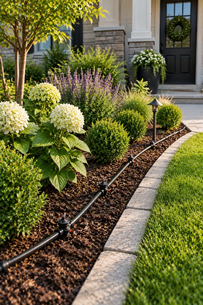 Drip irrigation line installed among plants in a small front yard