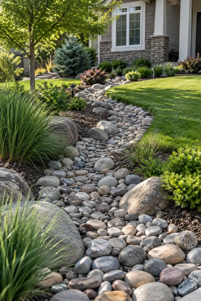 Front Yard Rock Landscaping Dry creek bed design using river rock in a front yard