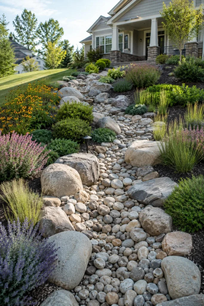 Dry creek bed channeling runoff on a sloped front yard