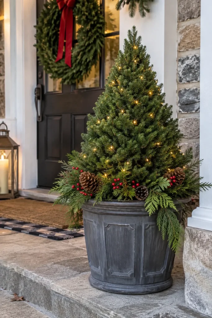 Small live dwarf Alberta spruce planted as a mini tree