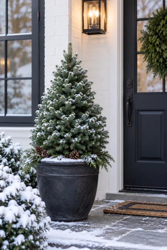Dwarf Alberta spruce tree potted on a front porch in winter