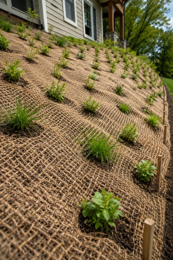 Erosion control blanket installed under new plantings on a slope