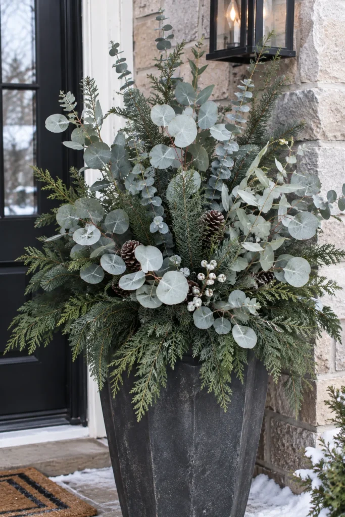 Eucalyptus and silver dollar branches in a winter planter