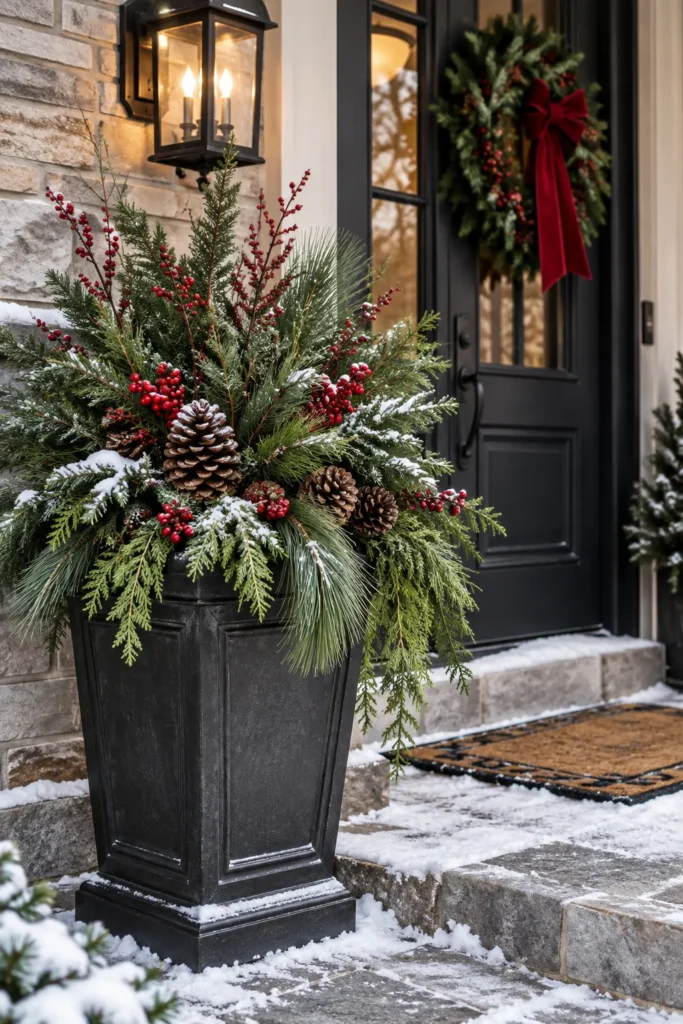 Winter planter with evergreen branches and pinecones by a front door