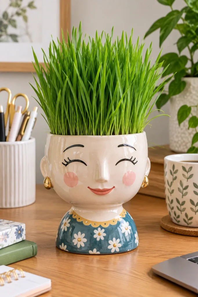 Smiling face-shaped ceramic planter with wheatgrass hair on a desk