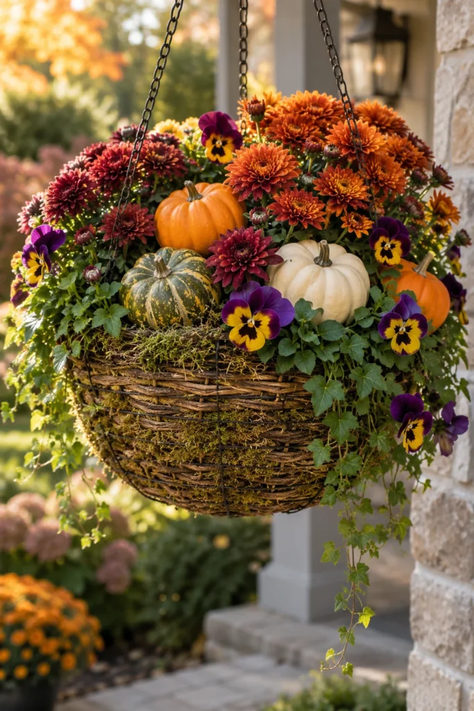 Mini pumpkins nestled into a fall flower hanging basket