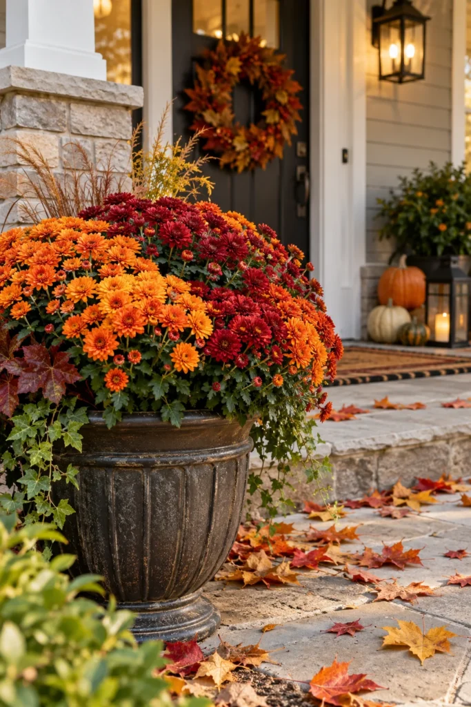 Autumn mum planter in warm orange tones on a front porch
