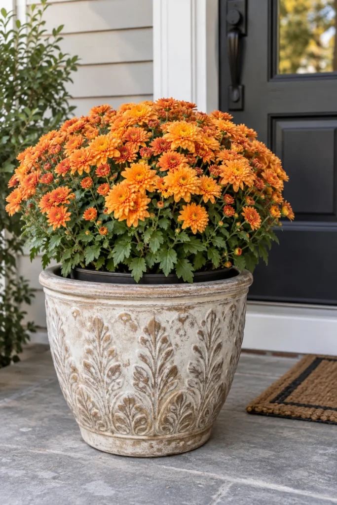 Budget mums placed inside a decorative porch planter