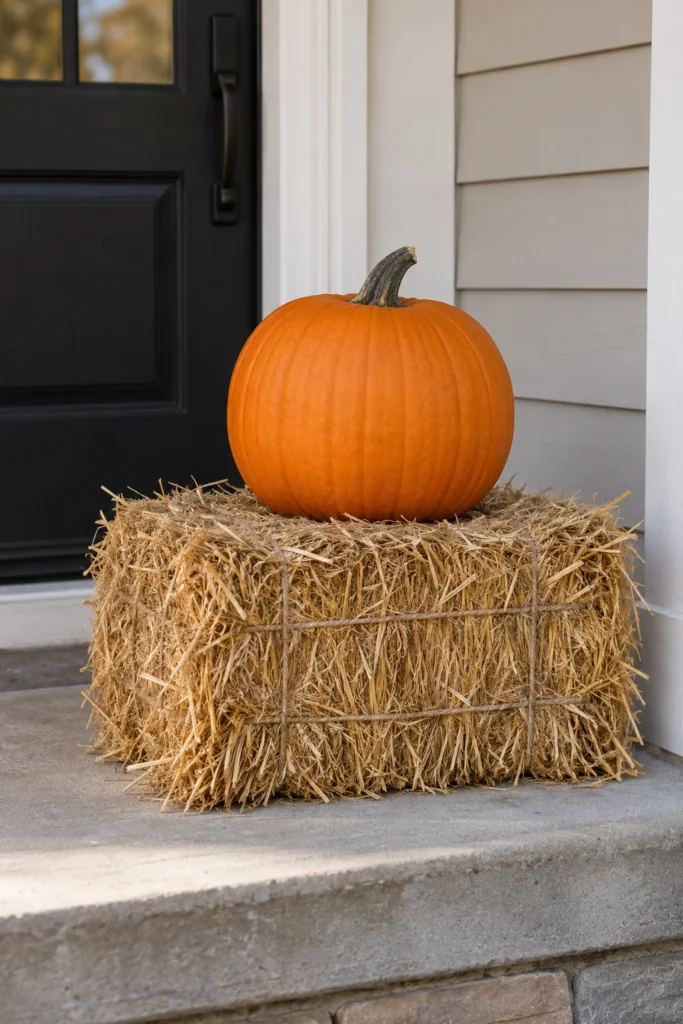 Simple mini hay bale and single pumpkin porch display